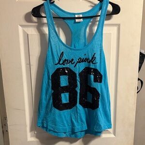 PINK Victoria's Secret Turquoise Racerback Tank with Black Sequin Graphic